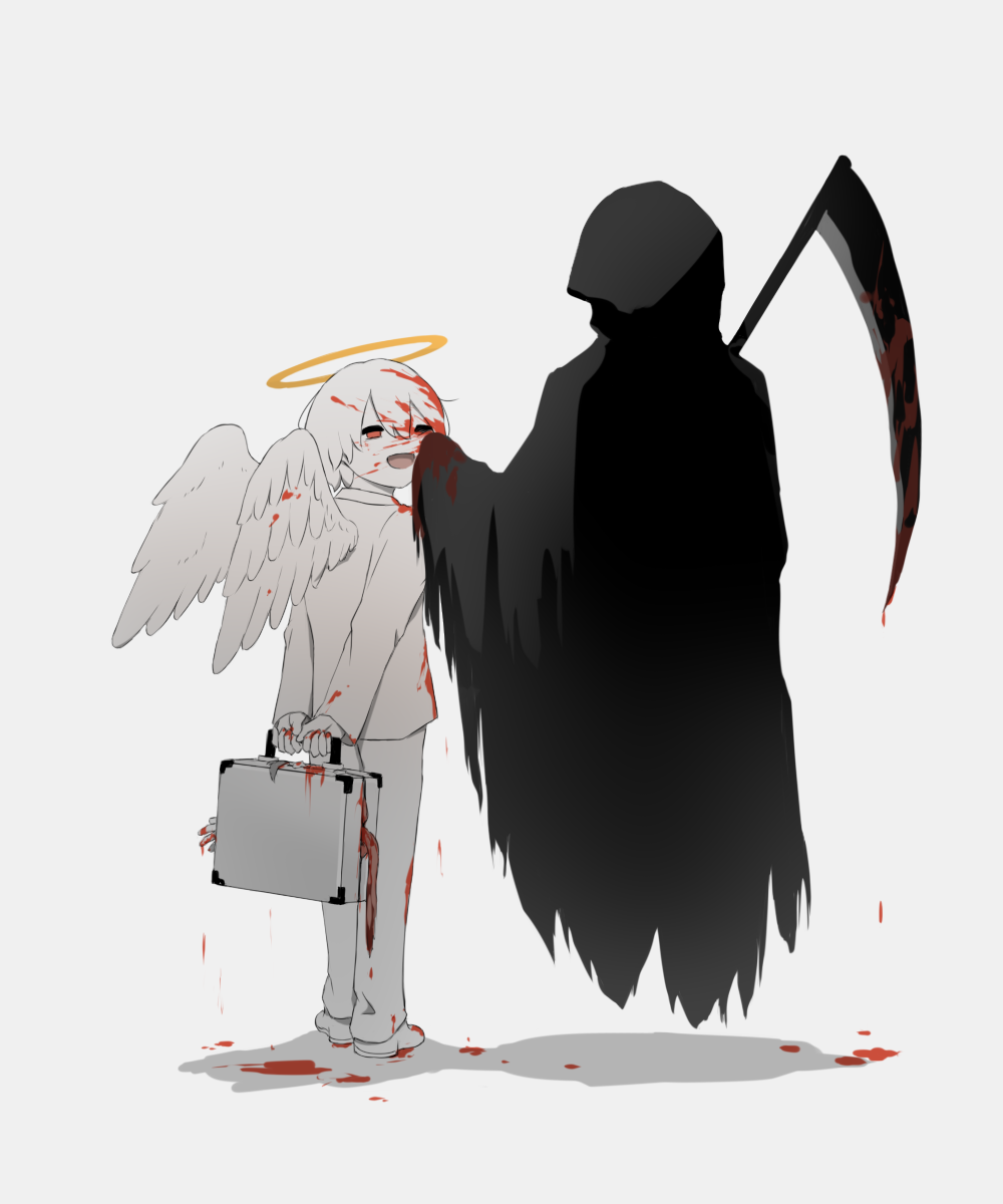 1boy, 1other, :d, angel, angel_wings, arms_behind_back, avogado6, blood