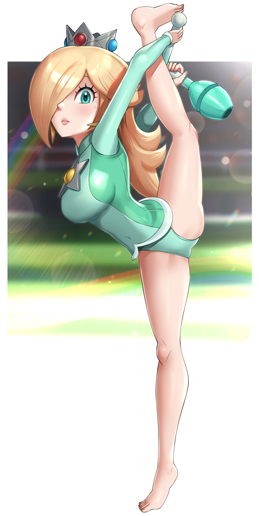 1girl, adapted_costume, bare_legs, barefoot, blonde_hair, blue_eyes, breasts, club