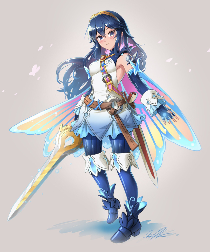 1girl, blue_eyes, blue_gloves, blue_hair, burnt_green_tea, closed_mouth, elbow_gloves, fairy_wings