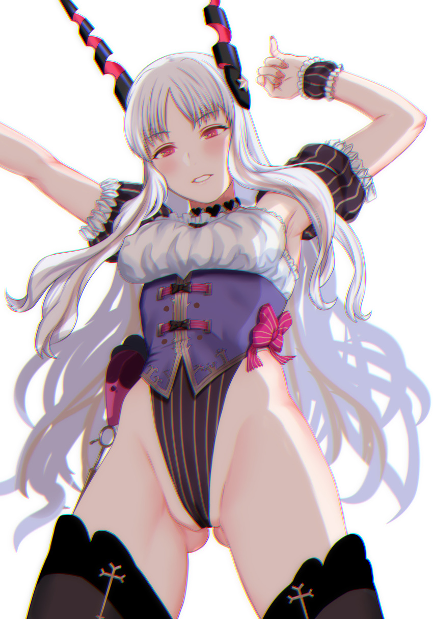 1girl, absurdres, armpits, arms_up, ass_visible_through_thighs, backlighting, bangs, black_legwear, blush, bow, breasts, caren_hortensia, caren_hortensia_(amor_caren), corset, es_es_vril_es, fate/grand_order, fate_(series), frills, hair_ornament, highleg, highleg_leotard, highres, leotard, long_hair, looking_at_viewer, medium_breasts, pink_bow, pink_eyes, puffy_short_sleeves, puffy_sleeves, short_sleeves, simple_background, thigh-highs, thighs, very_long_hair, wavy_hair, white_hair, wrist_cuffs