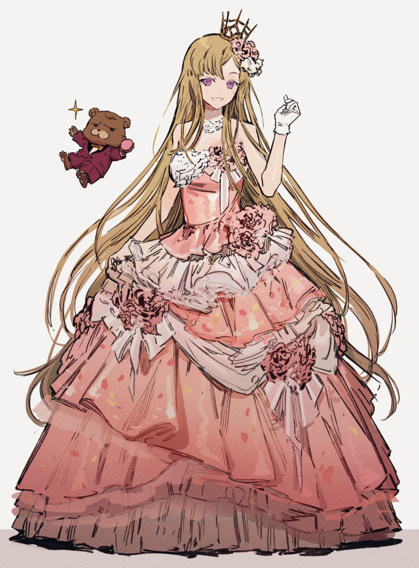 1boy, 1girl, dress, europa_(fate), fate/grand_order, fate_(series), formal, gloves, hair_ornament, highres, long_hair, nozaki_tsubata, orion_(bear)_(fate), suit, very_long_hair, violet_eyes, white_gloves