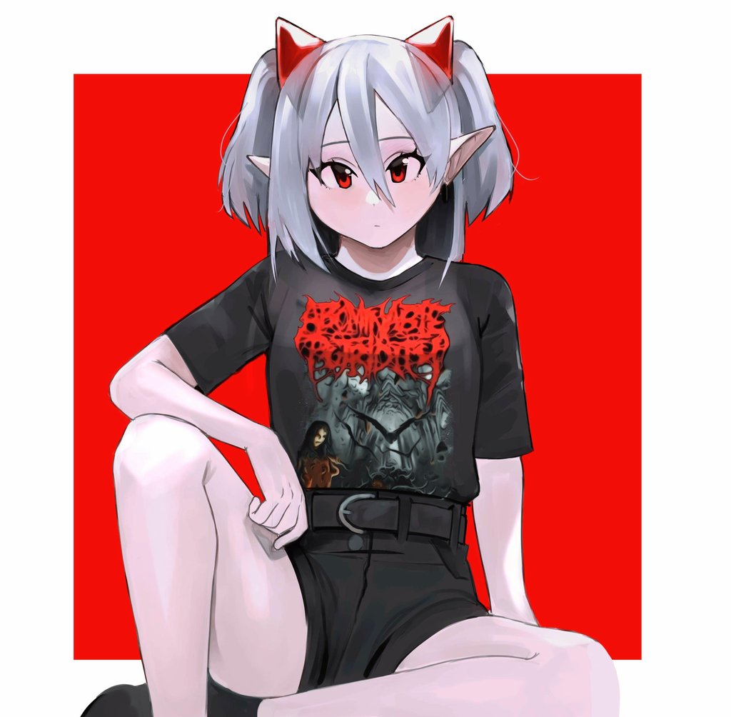1boy, 1girl, belt, black_legwear, black_shorts, breasts, english_commentary, eve_(kumaartsu), hair_between_eyes, heavy_metal, horns, kumaartsu, looking_at_viewer, original, pale_skin, pointy_ears, print_shirt, red_horns, shirt, short_hair, short_twintails, shorts, silver_hair, sitting, small_breasts, socks, spread_legs, t-shirt, twintails