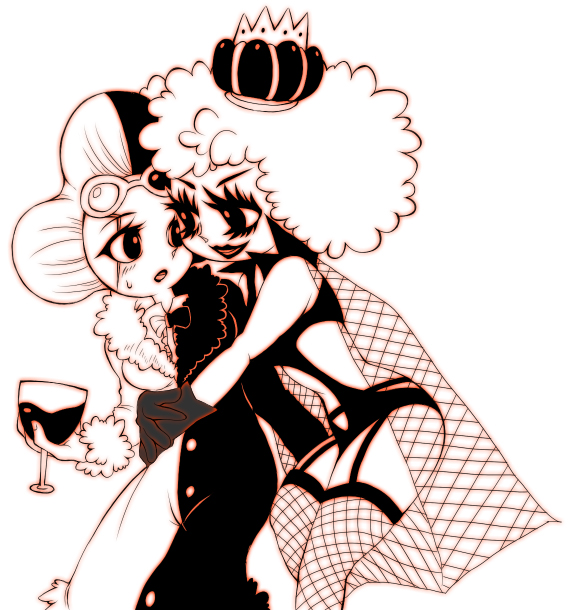 2girls, afro, cape, coat, crown, cup, emporio_ivankov, genderswap