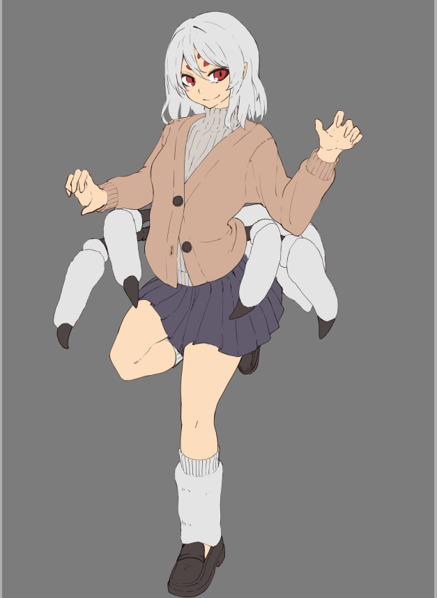 1girl, arthropod_legs, blue_skirt, brown_cardigan, brown_footwear, cardigan, claw_pose, closed_mouth