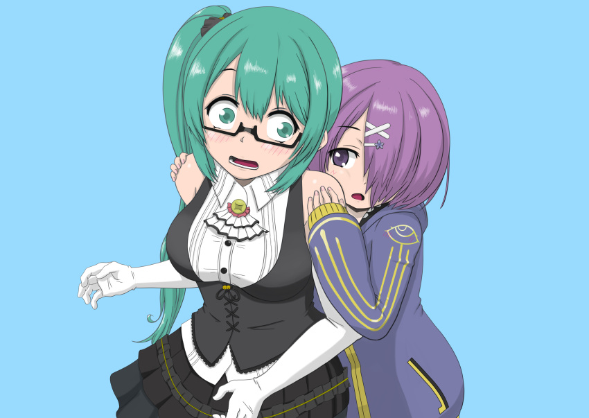 .live, 2girls, absurdres, bare_shoulders, black-framed_eyewear, black_bow, black_skirt, black_vest, blue_background, blue_jacket, blush, bow, buttons, cheek-to-shoulder, cheek_press, collared_shirt, commentary_request, dress_shirt, elbow_gloves, eye_print, glasses, gloves, green_eyes, green_hair, hair_between_eyes, hair_bow, hair_ornament, hair_over_one_eye, hairclip, hand_on_another's_shoulder, hands_on_another's_shoulders, highres, hood, hooded_jacket, jacket, kagura_suzu_(.live), kiso_azuki, long_hair, long_sleeves, looking_at_another, lower_teeth, multiple_girls, open_mouth, pleated_skirt, purple_hair, scared, semi-rimless_eyewear, shiny, shiny_hair, shiny_skin, shirt, short_hair, side_ponytail, simple_background, skirt, sleeveless, sleeveless_shirt, sleeves_past_wrists, teeth, under-rim_eyewear, upper_body, version070203, vest, violet_eyes, virtual_youtuber, white_gloves, white_neckwear, white_shirt