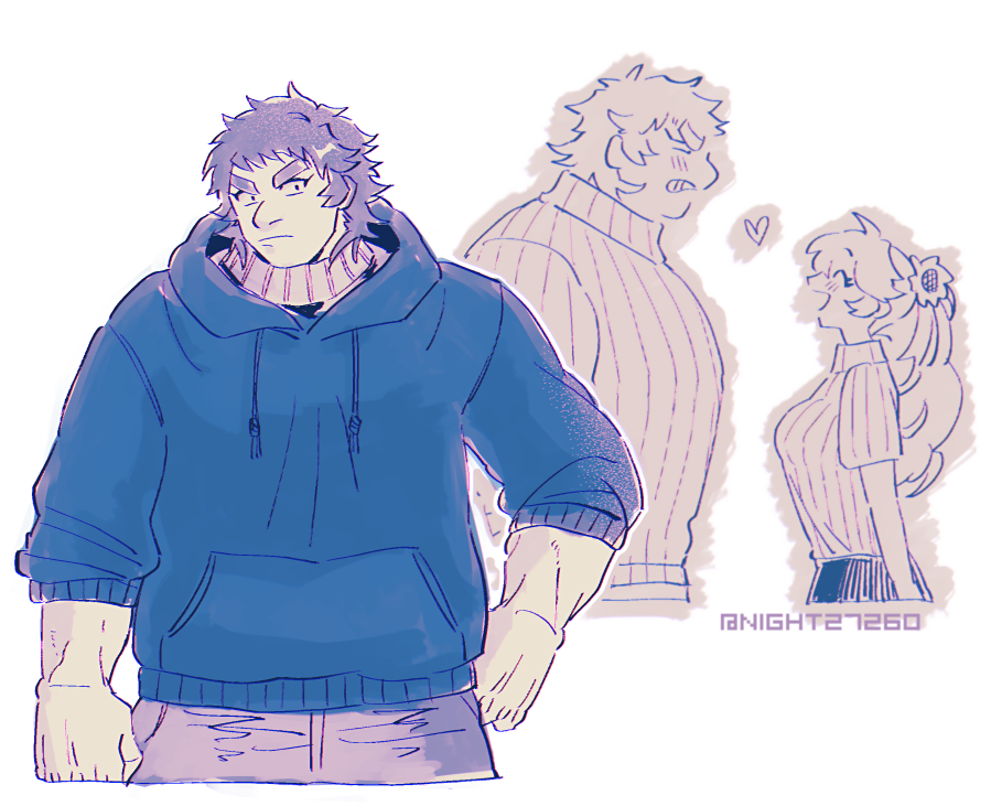 1boy, 1girl, alternate_costume, artemis_(fate), bangs, blue_hoodie, blush, brown_hair
