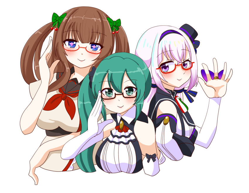 +_+, .live, 3girls, bespectacled, black-framed_eyewear, black_collar, black_hairband, black_sash
