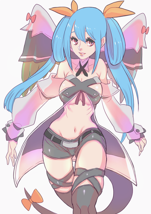 1girl, angel_wings, black_legwear, black_shorts, blue_hair, detached_sleeves, dizzy_(guilty_gear), guilty_gear