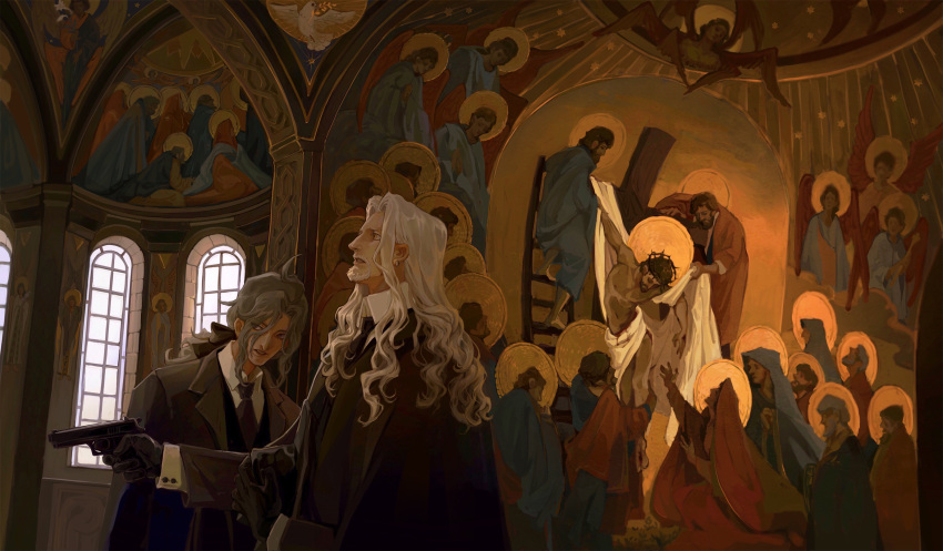 2boys, ahoge, bead, black_bow, black_gloves, black_jacket, bow, church