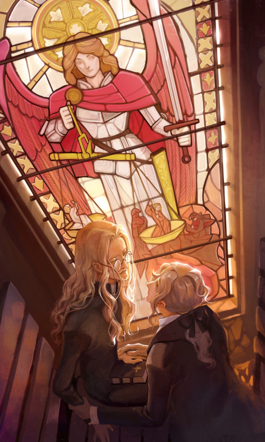 2boys, absurdres, bench, bible, blonde_hair, cross, cross_necklace, darnic_prestone_yggdmillennia, eye_contact, facial_hair, fate/apocrypha, fate_(series), gan'yugu, glasses, highres, holding_hand, indoors, jewelry, long_hair, long_sleeves, looking_at_another, multiple_boys, necklace, sitting, stained_glass, vlad_iii_(fate/apocrypha), wavy_hair, white_hair, window, yellow_eyes