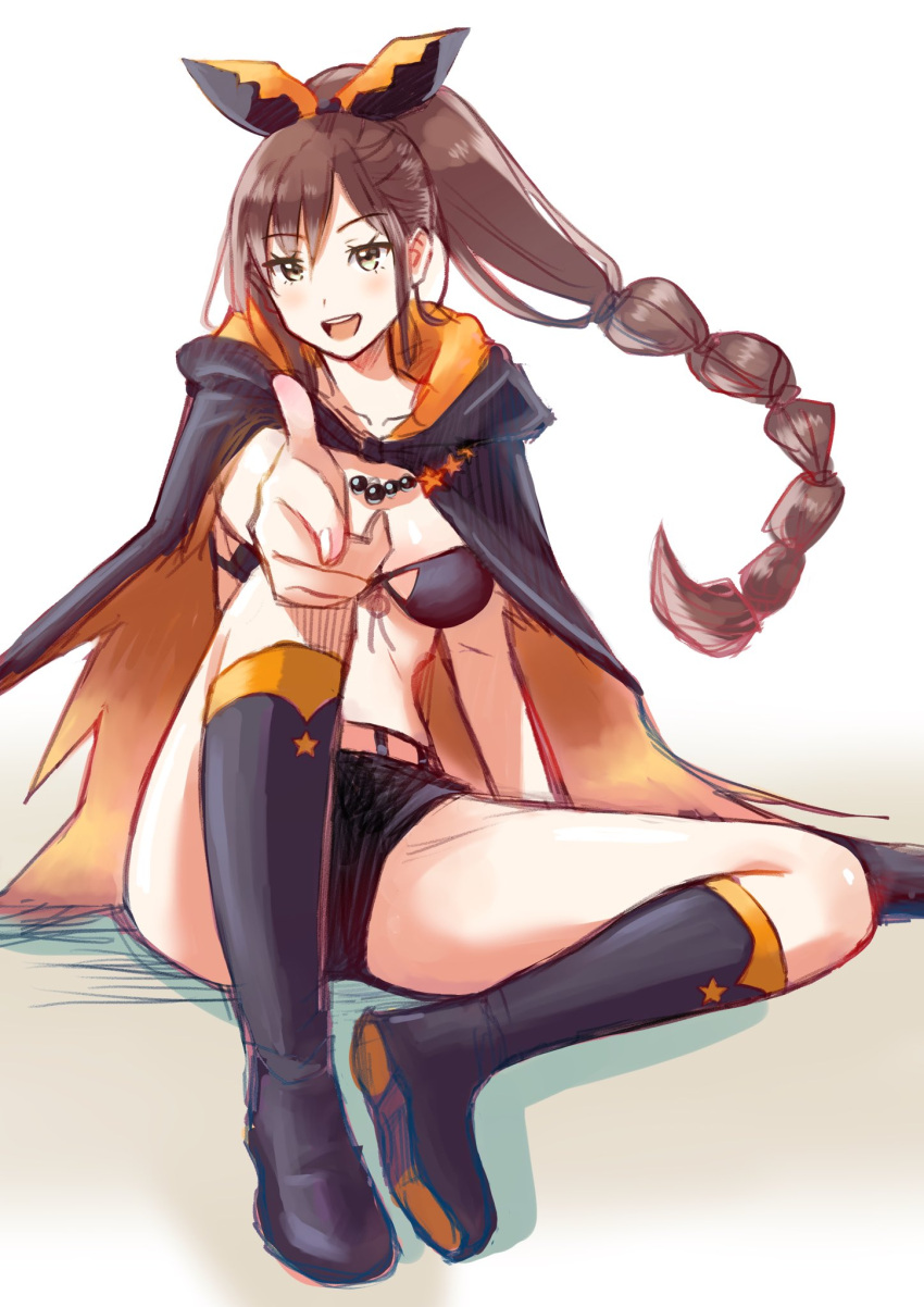 1girl, bikini, bikini_top, black_shorts, brown_hair, highres, long_hair, looking_at_viewer, open_mouth, pointing, pointing_at_viewer, ponytail, re:zero_kara_hajimeru_isekai_seikatsu, shaula_(re:zero), shorts, sitting, smile, solo, swimsuit, tsukiyonokou, very_long_hair, white_background