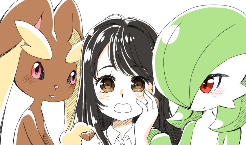 3girls, :3, animal_ears, bangs, black_hair, blush, bob_cut, body_fur, brown_fur, buttons, closed_mouth, collared_shirt, colored_skin, commentary_request, eyebrows_visible_through_hair, flat_chest, furry, gardevoir, gen_3_pokemon, gen_4_pokemon, green_hair, green_skin, hair_over_one_eye, hand_on_another's_shoulder, hand_on_own_cheek, hand_on_own_face, hand_up, interspecies, long_hair, looking_at_another, looking_at_viewer, looking_to_the_side, lopunny, muguet, multicolored, multicolored_skin, multiple_girls, open_mouth, original, pink_eyes, pokemon, pokemon_(creature), rabbit_ears, rabbit_girl, red_eyes, shiny, shiny_hair, shirt, short_hair, sidelocks, simple_background, smile, straight-on, swept_bangs, two-tone_fur, two-tone_skin, upper_body, white_background, white_shirt, white_skin, yellow_fur, yuri