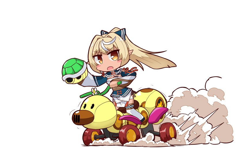 1girl, bangs, blonde_hair, blush_stickers, bow, brown_eyes, chibi, commentary_request