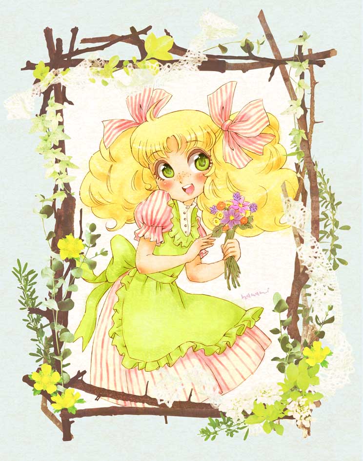ahoge, apron, blonde_hair, blush, bouquet, candice_white_ardlay, candy_candy, dress