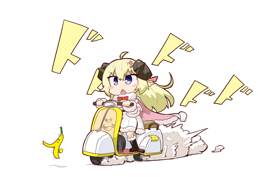 1girl, animal_ears, banana_peel, bangs, blonde_hair, blue_eyes, blush_stickers, chibi, city_tripper, commentary_request, dress, eyebrows_visible_through_hair, fur-trimmed_dress, fur_trim, ground_vehicle, hair_between_eyes, hair_ornament, hairclip, highres, hololive, horns, kuroshiro1011, long_hair, super_mario_bros., mario_kart, mario_kart_8, motion_lines, motor_vehicle, riding, scooter, sheep_girl, sheep_horns, solo, triangle_mouth, tsunomaki_watame, v-shaped_eyebrows, virtual_youtuber, white_dress