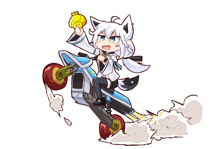1girl, :d, ahoge, animal_ears, black_legwear, black_shorts, blue_eyes, blush_stickers, braid, chibi, city_tripper, commentary_request, dress, earrings, elf, eyebrows_visible_through_hair, fox_ears, fox_girl, fox_tail, golden_mushroom, ground_vehicle, hair_between_eyes, highres, hololive, jewelry, kuroshiro1011, long_hair, looking_away, super_mario_bros., mario_kart, mario_kart_8, motor_vehicle, motorcycle, mushroom, open_mouth, pentagram, pointy_ears, riding, shirakami_fubuki, shorts, sidelocks, silver_hair, single_braid, smile, solo, tail, thigh-highs, v-shaped_eyebrows, virtual_youtuber, white_hair