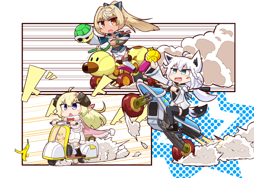 3girls, animal_ears, banana_peel, bangs, black_shorts, blonde_hair, blue_eyes, bow, braid, chibi, city_tripper, commentary_request, dress, earrings, elf, eyebrows_visible_through_hair, fox_ears, fox_girl, fox_tail, fur-trimmed_dress, fur_trim, golden_mushroom, green_eyes, green_shell, ground_vehicle, hair_between_eyes, hair_bow, hair_ornament, hairclip, highres, hololive, hood, hoodie, horns, jewelry, kuroshiro1011, long_hair, looking_at_viewer, super_mario_bros., mario_kart, mario_kart_8, motion_lines, motor_vehicle, motorcycle, multiple_girls, mushroom, pentagram, pointy_ears, ponytail, riding_bicycle, sheep_girl, sheep_horns, shirakami_fubuki, shiranui_flare, shorts, sidelocks, single_braid, single_thighhigh, standard_bike_(mario), tail, thigh-highs, tsunomaki_watame, turtle_shell, virtual_youtuber, white_dress, white_hair, white_hoodie, wild_wiggler, yellow_eyes