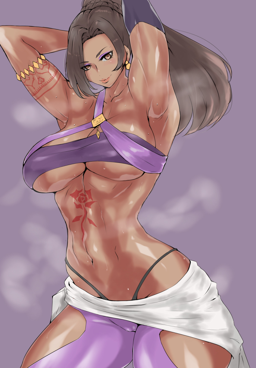 abs, armpits, bracelet, breasts, brown_hair, dark_skin, doctor, earrings, elbow_gloves, eyeshadow, gloves, highres, jewelry, makeup, panties, pants, ponytail, saradhi_(ys), side-tie_panties, single_glove, strapless, tan, tattoo, tubetop, under_boob, underwear, uya_(yurukah), ys, ys_ix_monstrum_nox