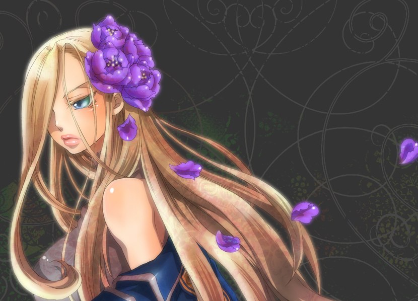 bare_shoulders, blonde_hair, blue_eyes, breasts, flower, fullmetal_alchemist, hair_flower, hair_ornament