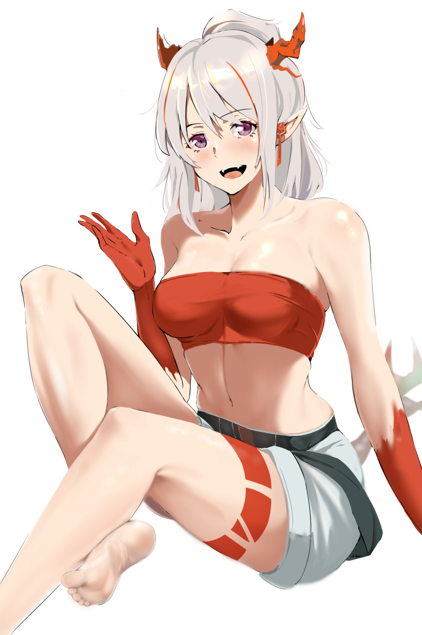 1girl, :d, absurdres, arknights, bandeau, bangs, bare_legs, bare_shoulders