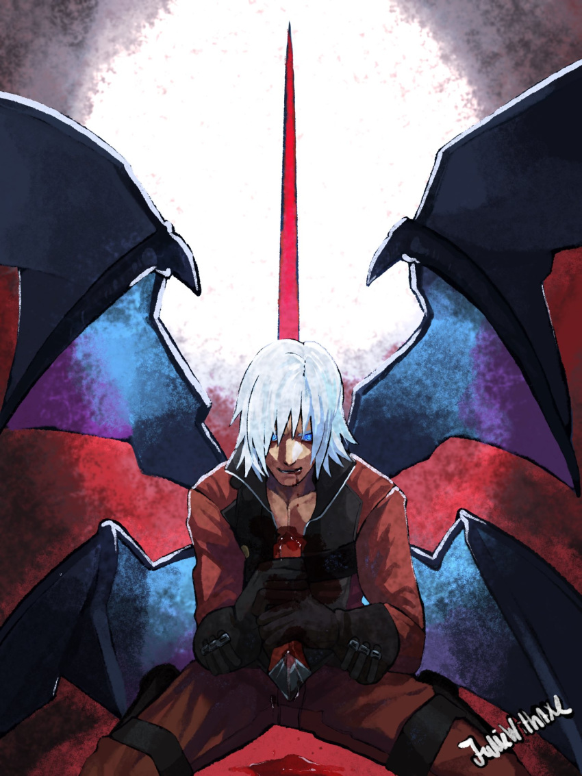 1boy, bare_pecs, bleeding, blood, blood_from_mouth, blood_on_face, bloody_weapon, blue_eyes, dante_(devil_may_cry), demon_wings, devil_may_cry, devil_may_cry_(series), devil_may_cry_2, highres, holding, holding_weapon, impaled, juliewithaxe, kneeling, lower_teeth, male_focus, multiple_wings, sitting, solo, stab, sword, teeth, wariza, weapon, white_hair, wings
