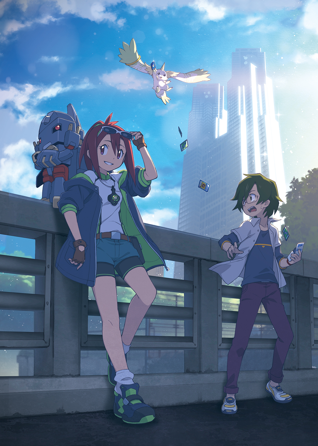 1boy, 1girl, arm_up, belt, belt_buckle, belt_pouch, blue_jacket, blue_sky