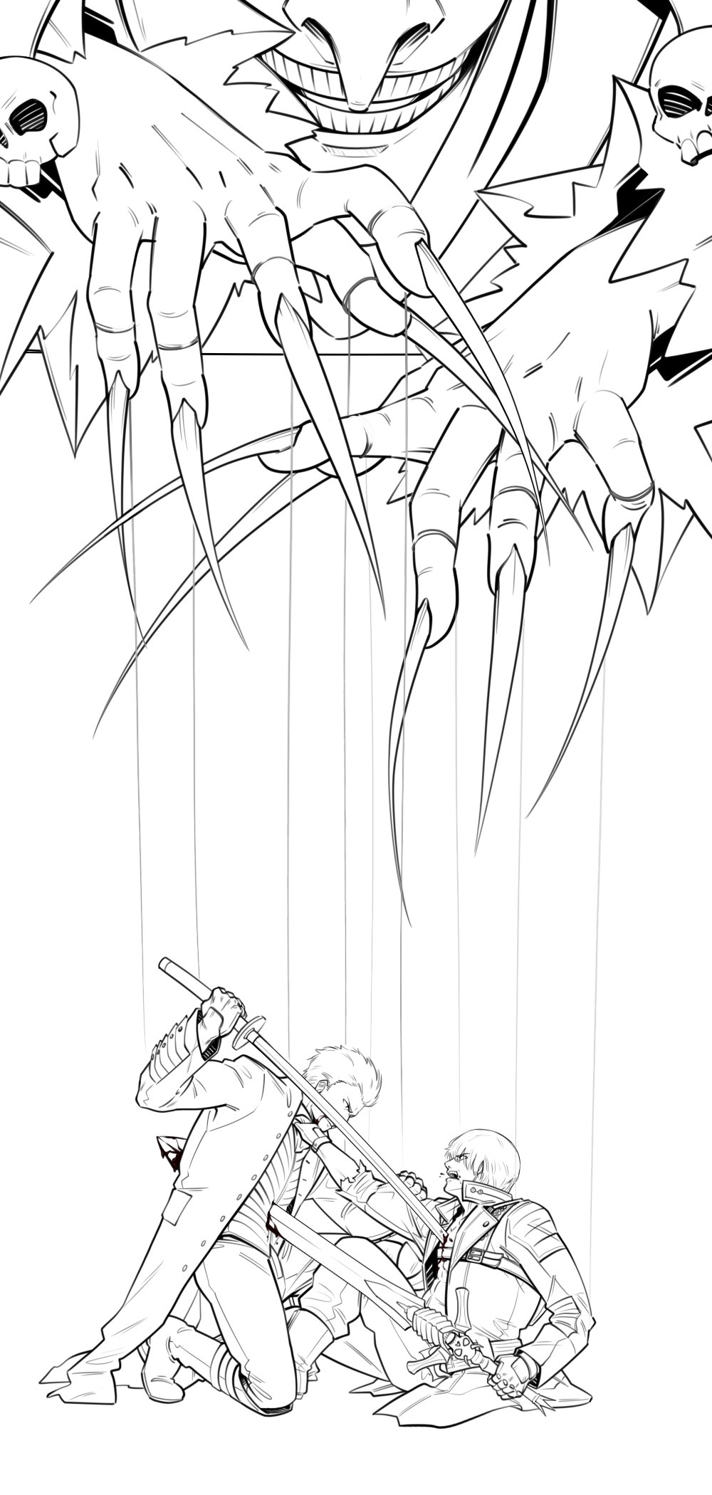 3boys, angry, bare_pecs, battle, blood, blood_from_mouth, blood_on_face, bloody_weapon