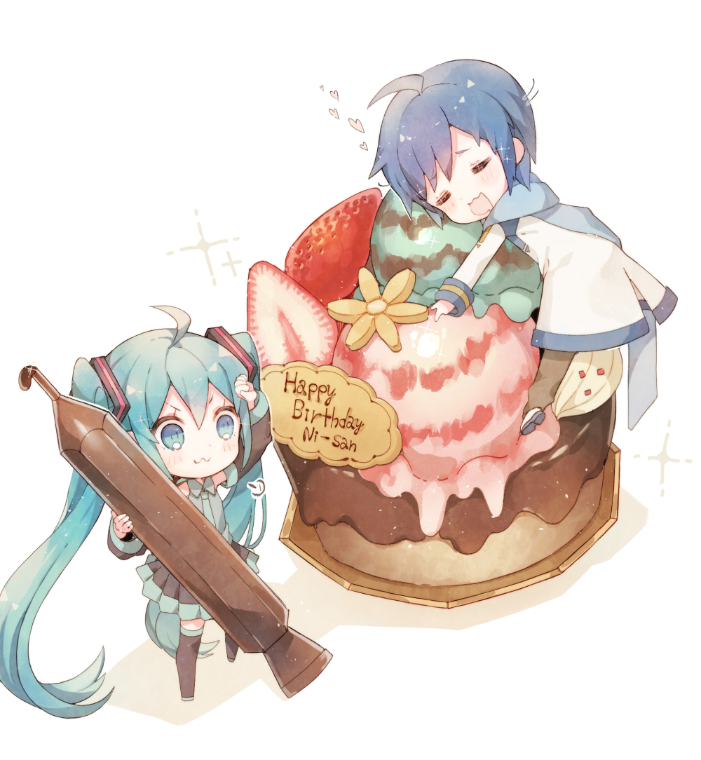 1boy, 1girl, =3, ahoge, aqua_eyes, aqua_hair, aqua_neckwear, bare_shoulders