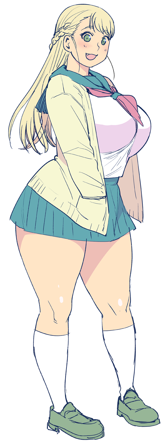 1girl, blonde_hair, breasts, commentary_request, elf-san_wa_yaserarenai., erufuda-san, fang, green_eyes