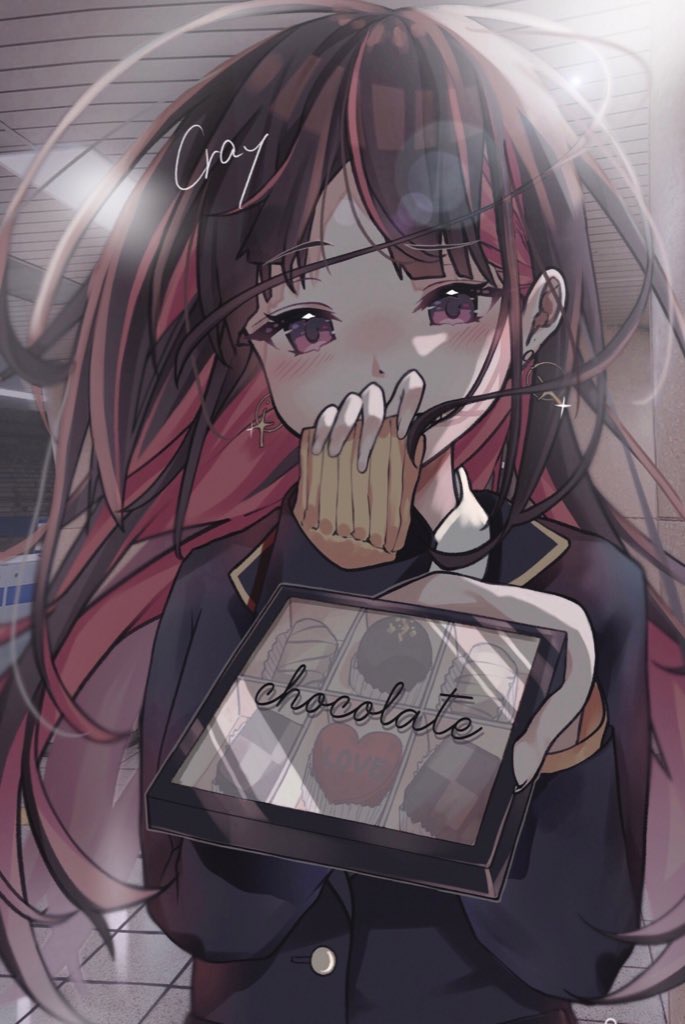 1girl, bangs, black_hair, black_jacket, blazer, blush, box, box_of_chocolates