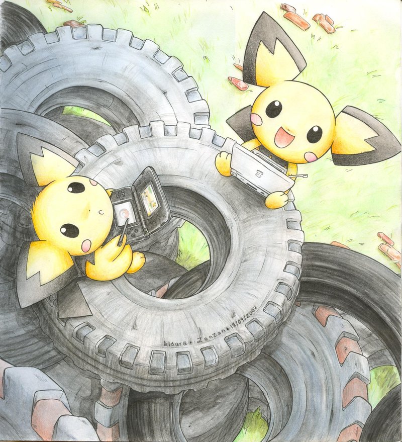 brothers, kidura, looking_up, nintendo_ds, no_humans, pichu, playing_games, pokemon