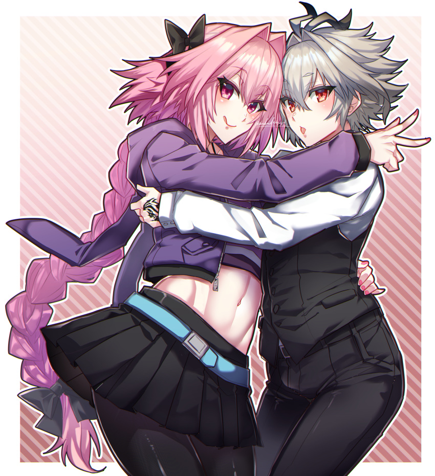 2boys, astolfo_(fate), bare_shoulders, black_legwear, blush, bow, braid, eyebrows_visible_through_hair