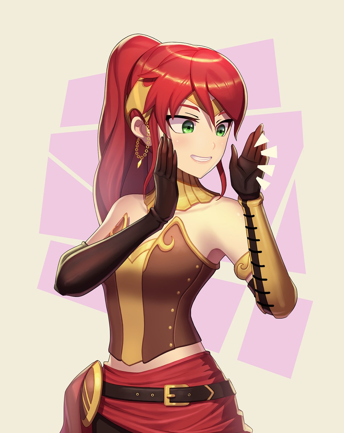 1girl, belt, belt_buckle, black_belt, black_gloves, buckle, circlet, collarbone, elbow_gloves, gloves, green_eyes, grin, high_ponytail, highres, long_hair, pyrrha_nikos, redhead, rwby, shiny, shiny_hair, smile, solo, strapless, uyalago, white_background