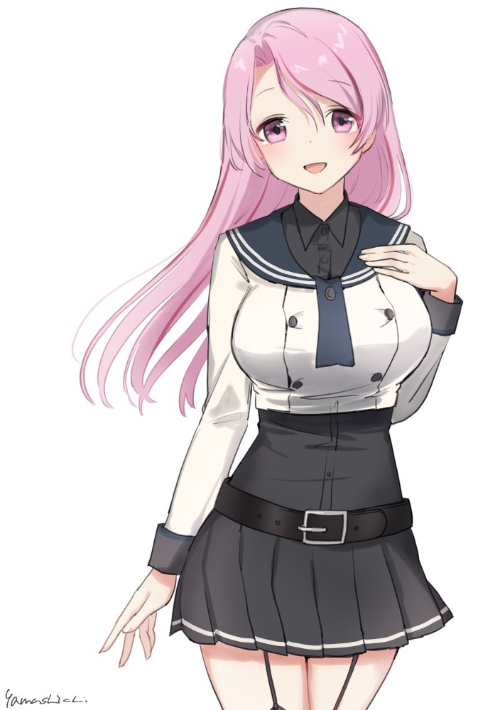 1girl, bangs, belt, belt_buckle, black_belt, black_shirt, black_skirt, blue_sailor_collar, blush, breasts, buckle, buttons, cosplay, cropped_jacket, eyebrows_visible_through_hair, garter_straps, hand_on_own_chest, jacket, kantai_collection, large_breasts, long_hair, long_sleeves, luigi_di_savoia_duca_degli_abruzzi_(kancolle), multicolored_hair, noshiro_(kancolle), noshiro_(kancolle)_(cosplay), open_mouth, pink_eyes, pink_hair, redhead, sailor_collar, shirt, signature, simple_background, skirt, solo, streaked_hair, white_background, yamashichi_(mtseven)
