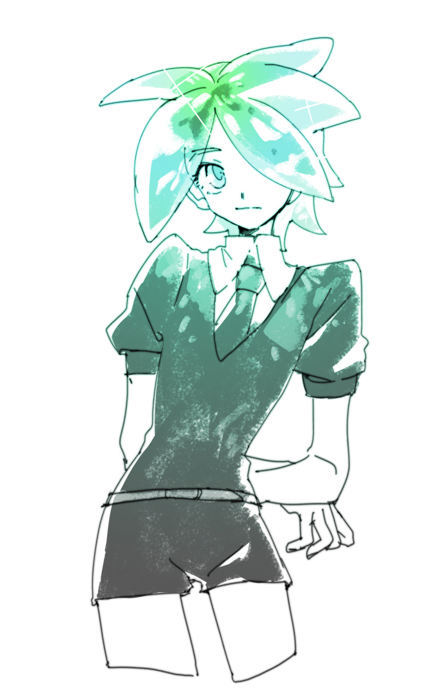 1other, absurdres, aqua_eyes, aqua_hair, arms_behind_back, closed_mouth, cowboy_shot, cropped_legs