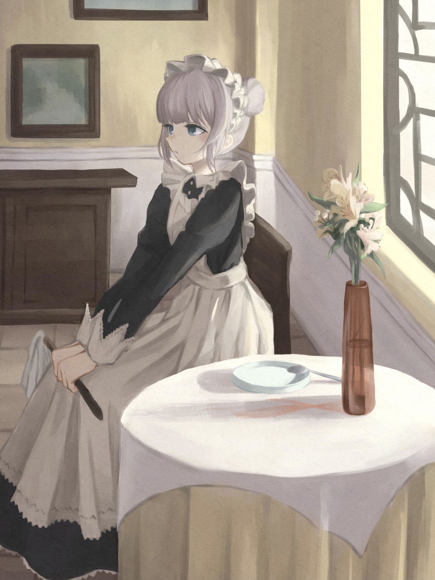 1girl, absurdres, alternate_costume, apron, bangs, blue_eyes, blunt_bangs, braid