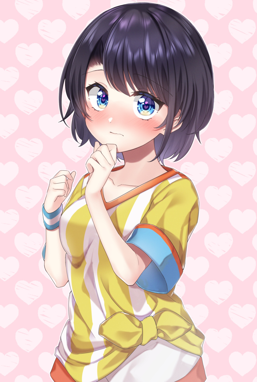 1girl, absurdres, black_hair, blue_eyes, blush, closed_mouth, collarbone, eyebrows_visible_through_hair