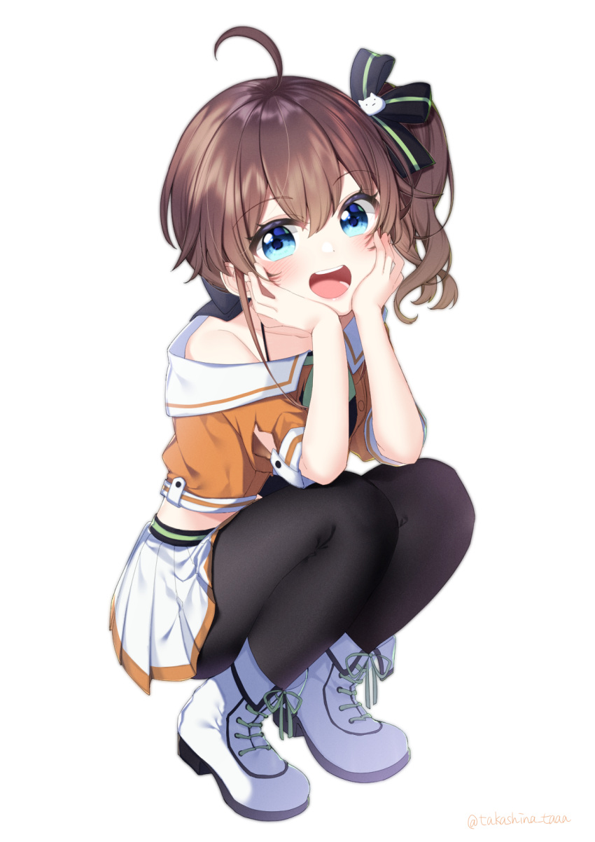 1girl, :d, ahoge, bare_shoulders, black_ribbon, blue_eyes, brown_hair, eyebrows_visible_through_hair