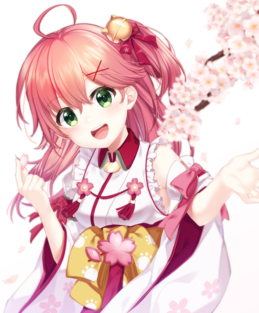 1girl, :d, ahoge, bell, cherry_blossoms, eyebrows_visible_through_hair, floral_print, green_eyes, hair_bell, hair_ornament, highres, hololive, japanese_clothes, kimono, long_hair, looking_at_viewer, open_mouth, redhead, sakura_miko, simple_background, smile, solo, takashina_taaa, teeth, upper_teeth, virtual_youtuber, white_background, white_kimono, wide_sleeves, x_hair_ornament