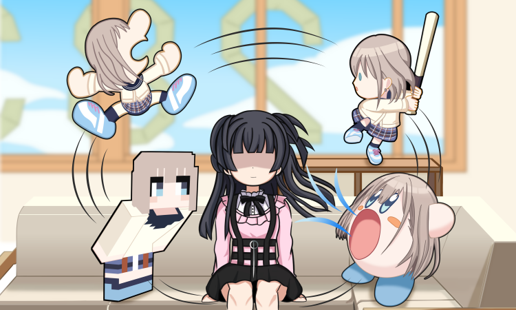 2girls, annoyed, bangs, baseball_bat, batting_stance, black_hair, blonde_hair, blouse