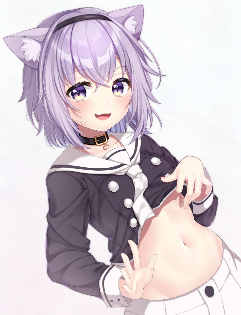 1girl, :3, :d, animal_ears, cat_ears, collar, commentary_request, eyebrows_visible_through_hair, grey_background, hairband, highres, hololive, lifted_by_self, long_sleeves, looking_at_viewer, midriff, navel, nekomata_okayu, open_mouth, purple_hair, sailor_collar, shirt_lift, short_hair, simple_background, smile, solo, takashina_taaa, violet_eyes, virtual_youtuber