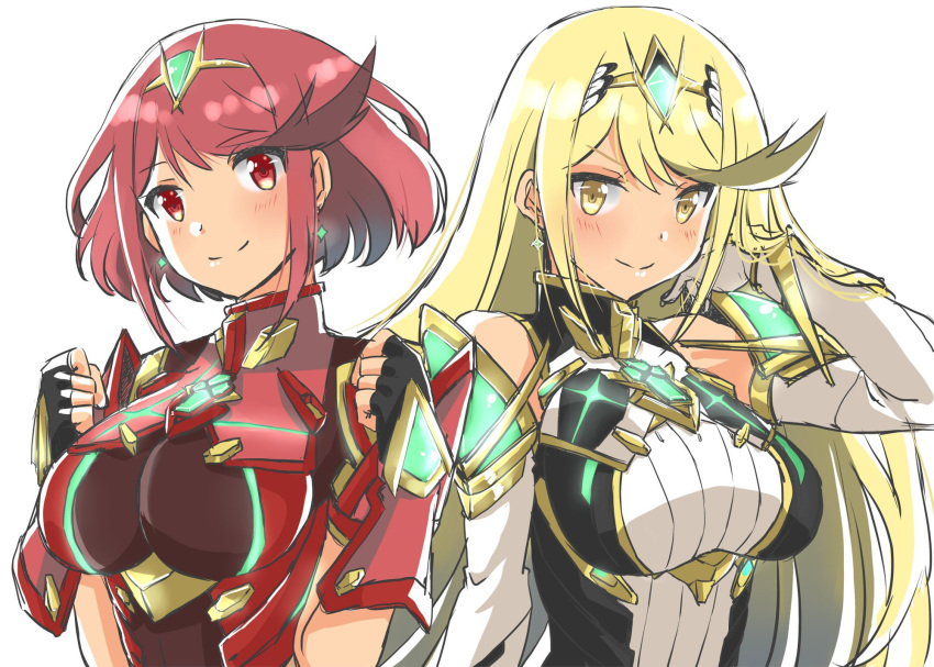 2girls, bangs, bare_shoulders, black_gloves, blonde_hair, chest_jewel, dress, earrings, elbow_gloves, fingerless_gloves, gem, gloves, headpiece, highres, jewelry, long_hair, multiple_girls, mythra_(xenoblade), pantyhose, pyra_(xenoblade), red_eyes, red_legwear, red_shorts, redhead, shiro_xai, shiroxai, short_dress, short_hair, short_shorts, shorts, super_smash_bros., swept_bangs, thigh-highs, thigh_strap, tiara, very_long_hair, white_gloves, xenoblade_chronicles_(series), xenoblade_chronicles_2, yellow_eyes