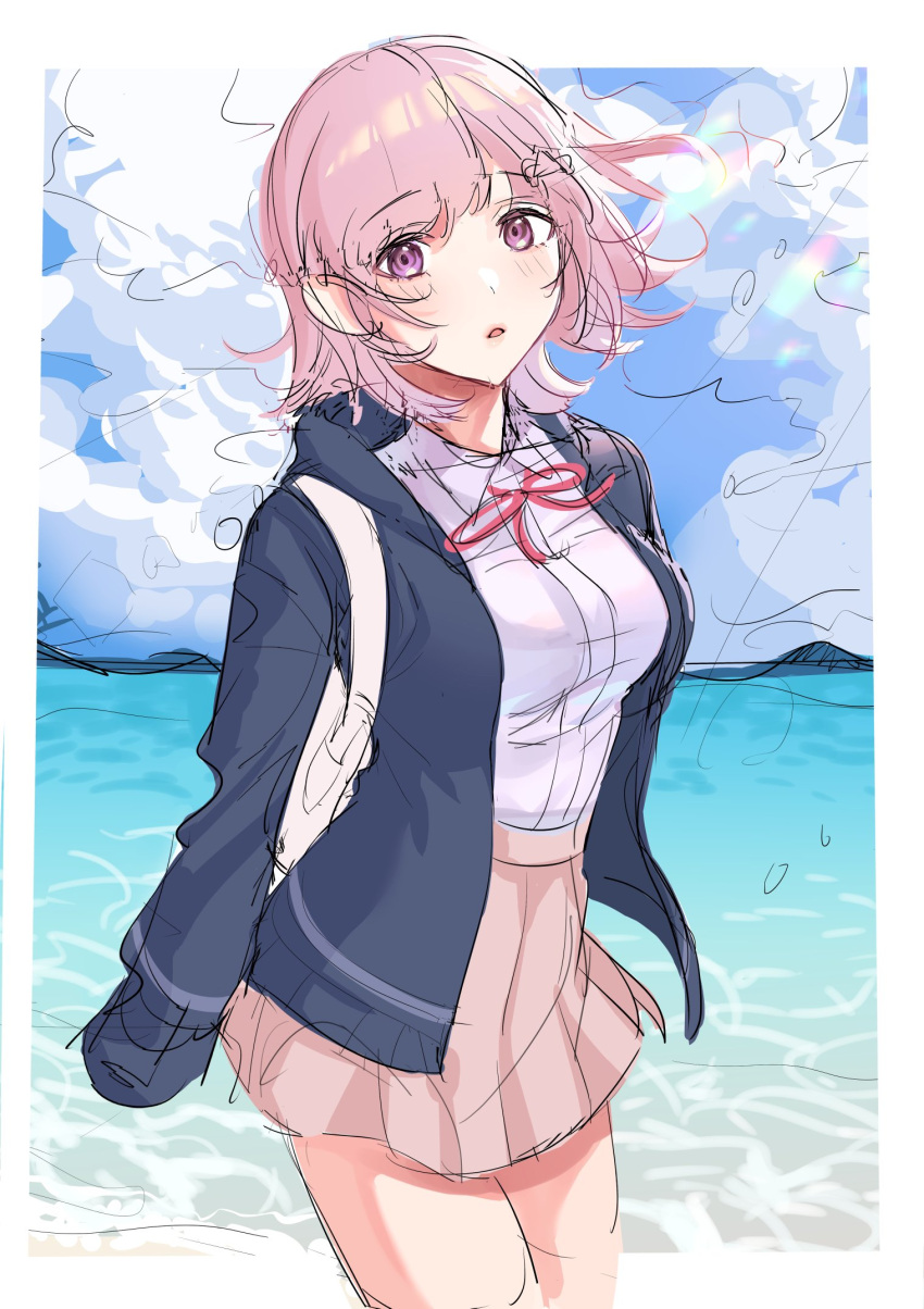 1girl, backpack, bag, bangs, beach, blush, border, breasts