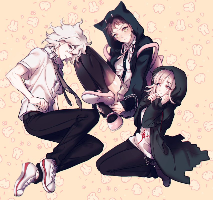 1girl, 2boys, animal_bag, animal_hood, backpack, bag, black_jacket, black_pants