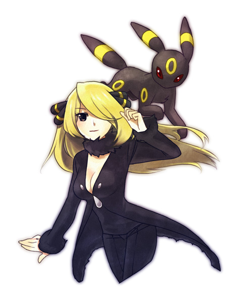 1girl, abe_(f!mixture), blonde_hair, breasts, cleavage, hair_over_one_eye, long_hair, pokemon
