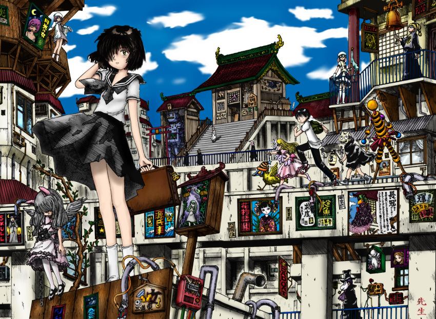akira_tsubaki, colored, east_asian_architecture, green_eyes, hair_over_one_eye, highres, nazo_no_kanojo_x, school_briefcase