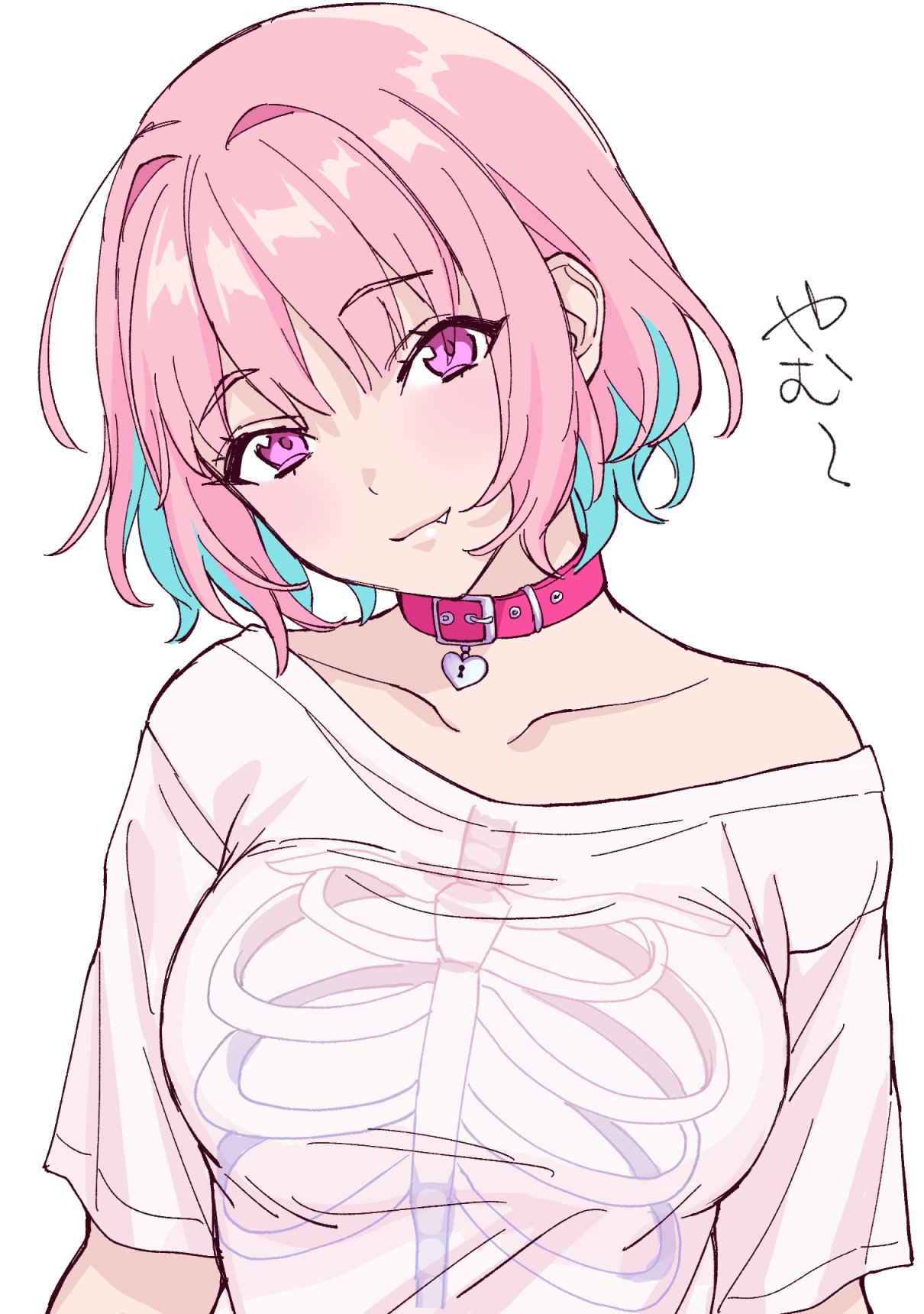 1girl, ahoge, bangs, blue_hair, blush, breasts, collar, collarbone