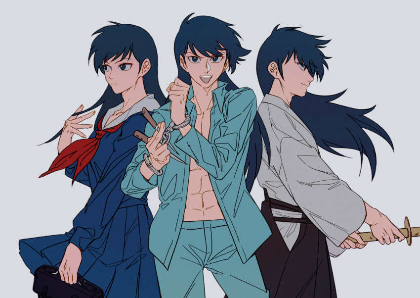 1boy, abs, black_hakama, blue_hair, blue_sailor_collar, bound, bound_wrists, crossdressinging, cuffs, hakama, handcuffs, japanese_clothes, kendo, looking_at_viewer, male_focus, midou_tatsuma, morisenn, multiple_persona, neckerchief, pleated_skirt, restrained, sailor_collar, school_uniform, serafuku, simple_background, skirt, sword, violence_jack, weapon, white_background, wooden_sword