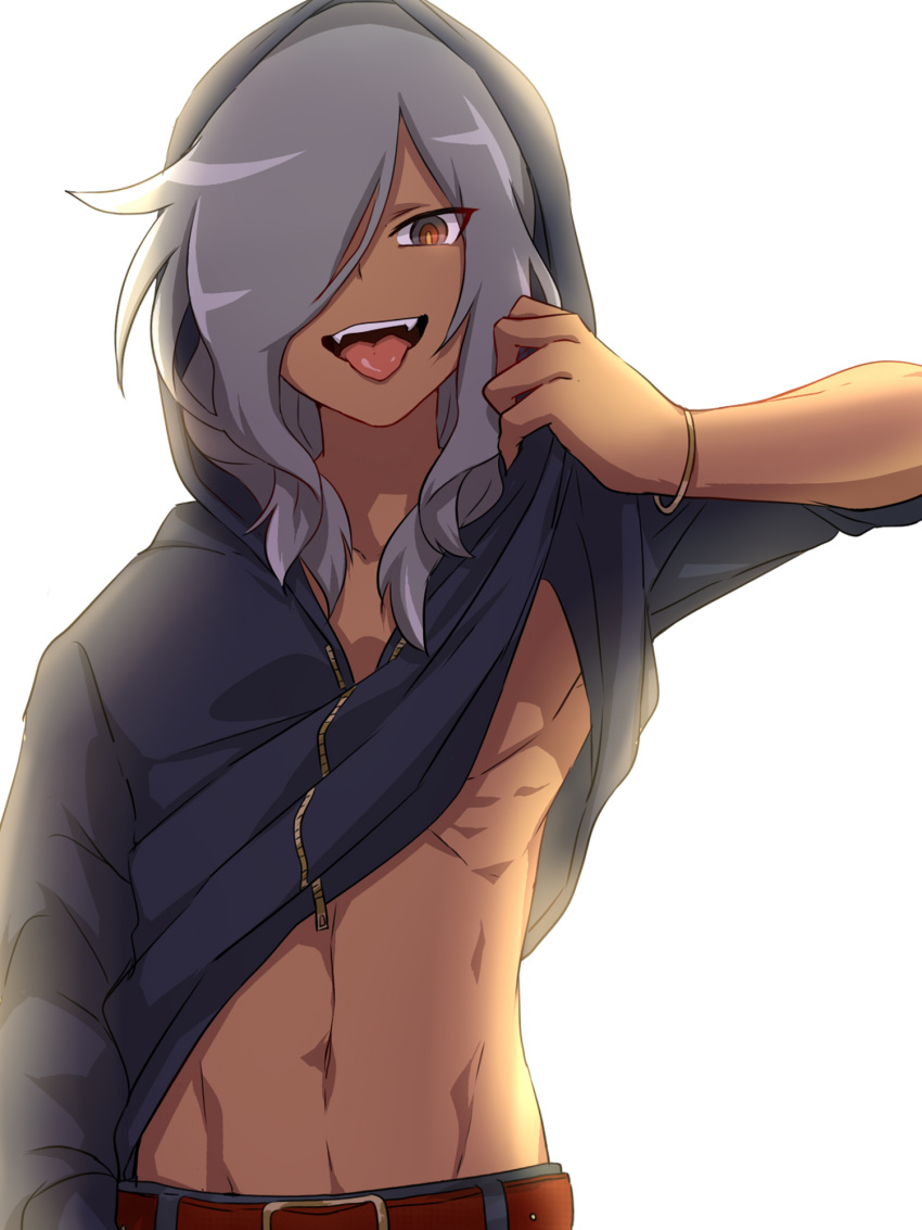 1boy, bangs, bracelet, clothes_lift, dark_skin, dark_skinned_male, grey_hair, hair_over_one_eye
