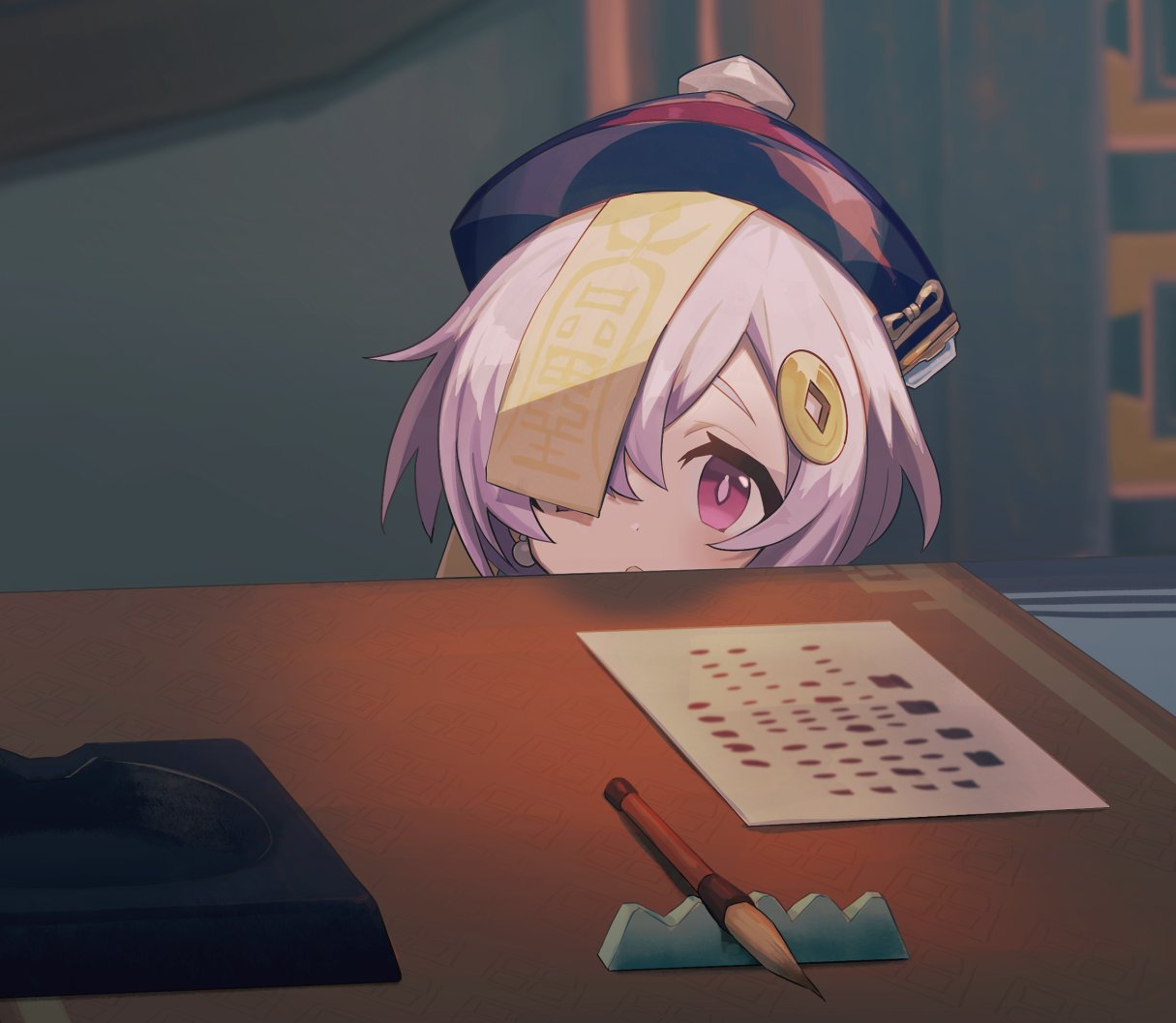 1girl, ama73, ashtray, bangs, blue_headwear, blush, child, commentary_request